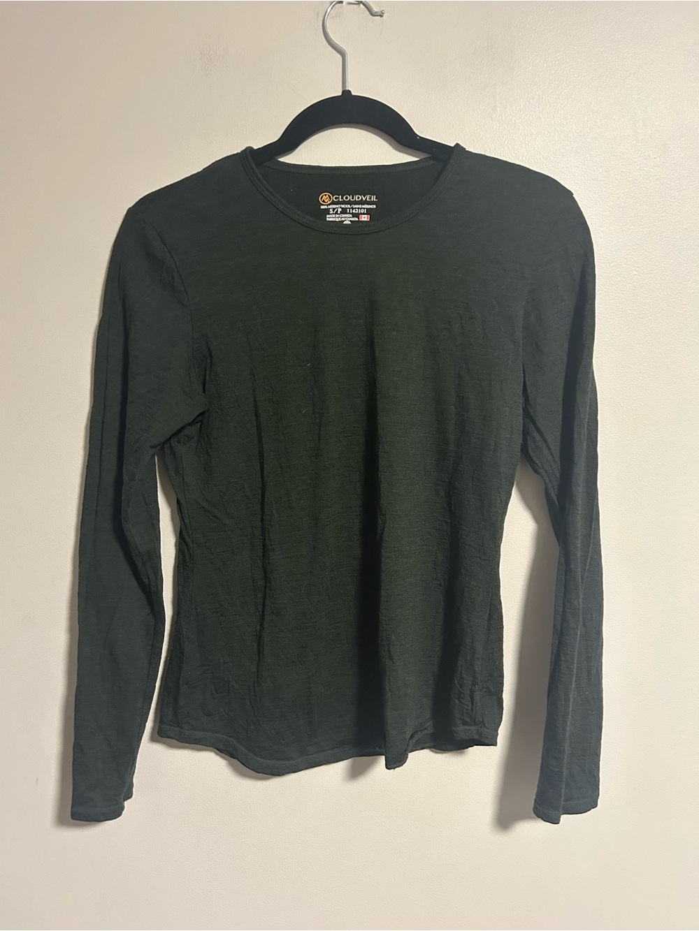 Cloudveil small dark green Long Sleeve 100% merino wool shirt
